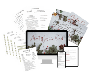 Mockup display of the Advent Worship Pack showing a computer, tablet, and phone screen with the title, surrounded by printable resources including Advent service orders, candle readings, social media graphics, a cookie recipe, and worship song lists.