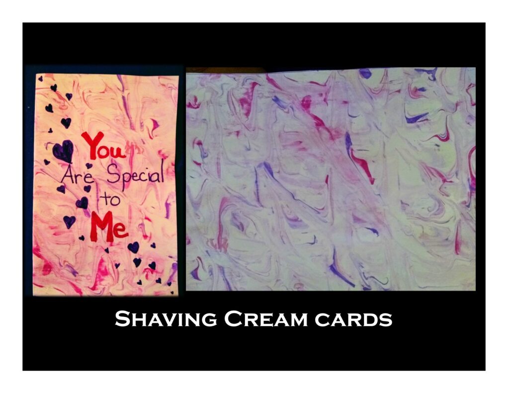 Colorful marbled shaving cream card designs in pink, purple, and white. One card features the words "You Are Special to Me" with hearts. The text on the side reads "Shaving Cream cards."