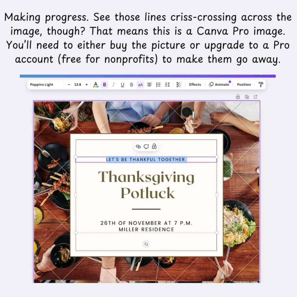 Explaining that if you see criss-crossing lines across your image, it's because you're using a Canva Pro image without access.