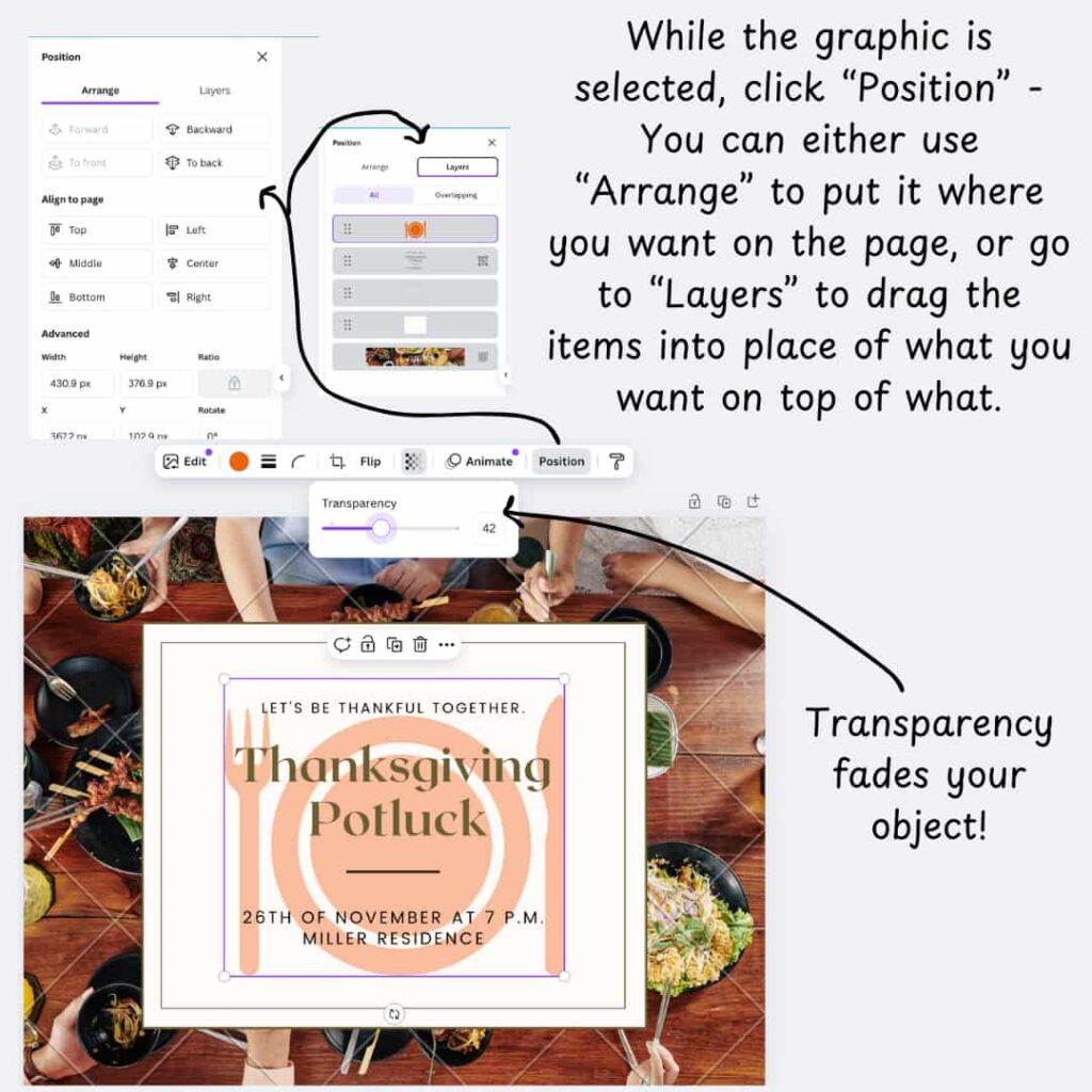 Explaining how to arrange the graphics in layers. Showing the transparency effect.