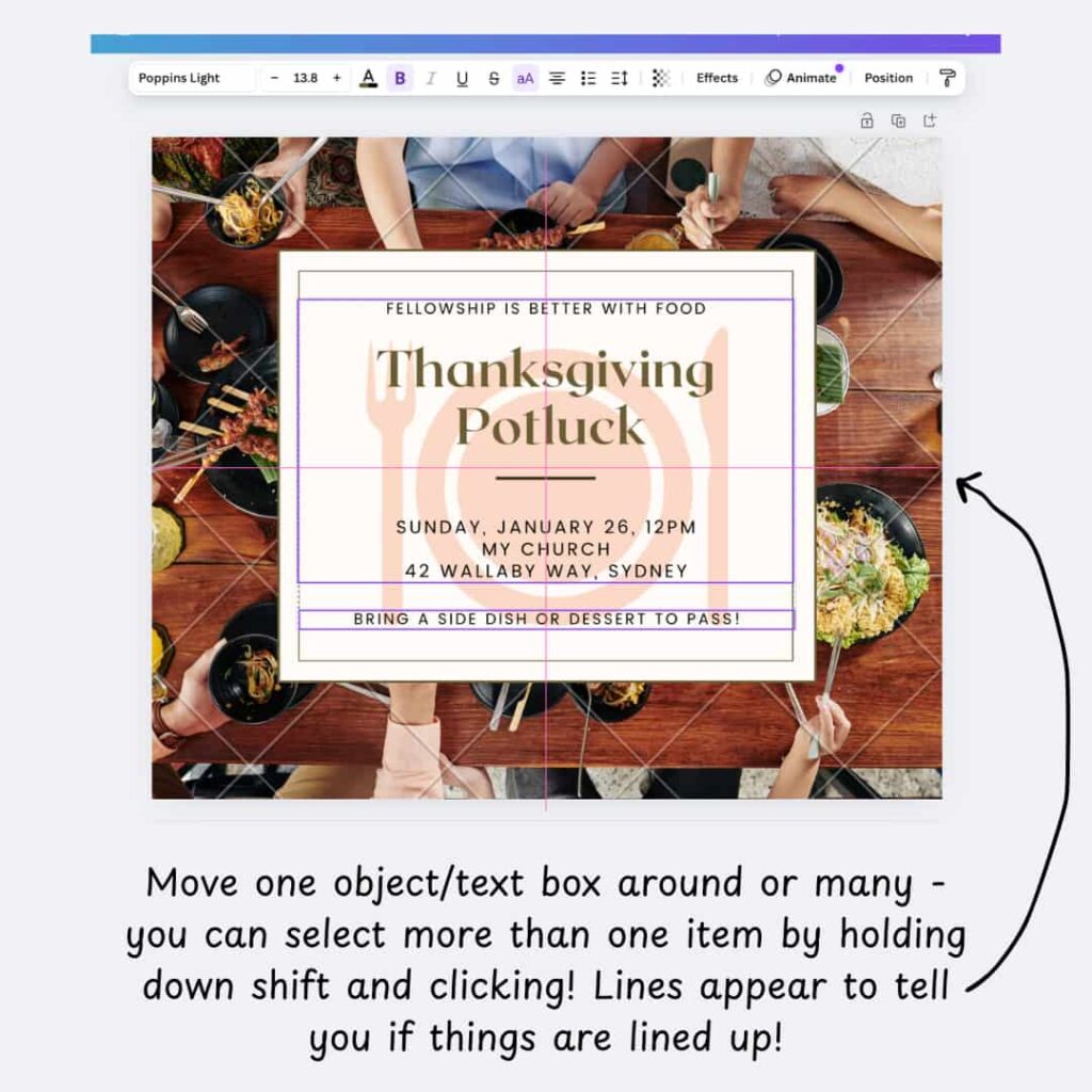 Showing how to make sure your graphics and text boxes are all lined up.