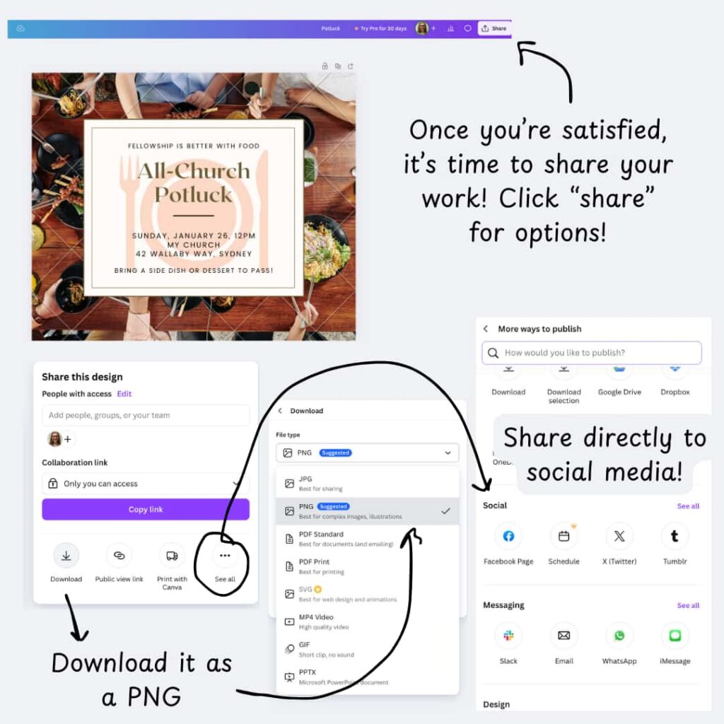 Showing how to save the image as a PNG, as well as how to share it directly to social media.