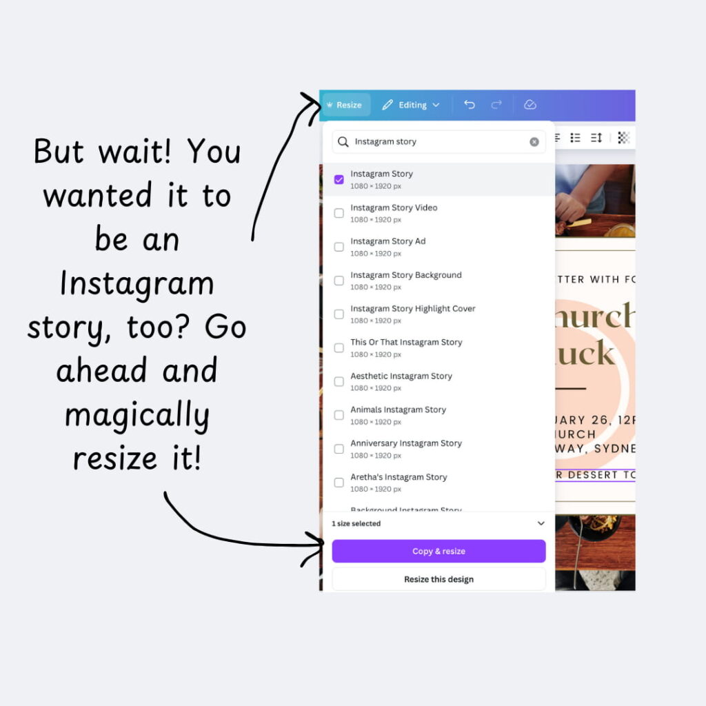 Showing how to Canva resizes the images to be able to share them on multiple different social media platforms.
