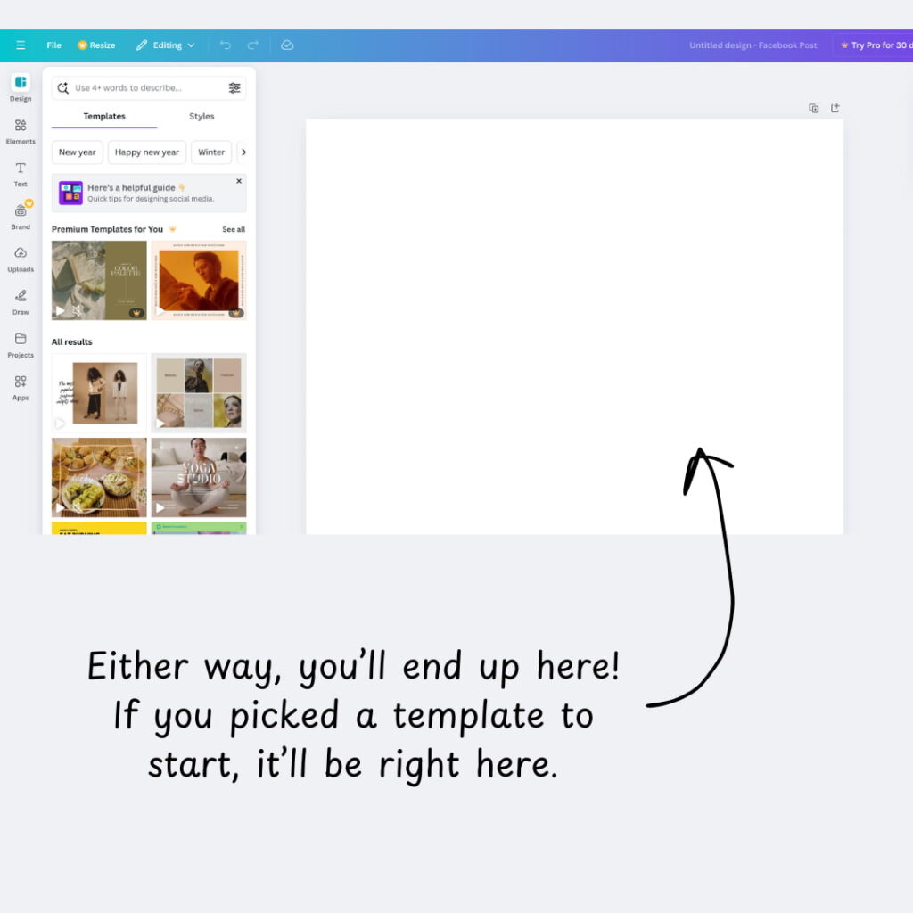 Showing the design section of Canva.