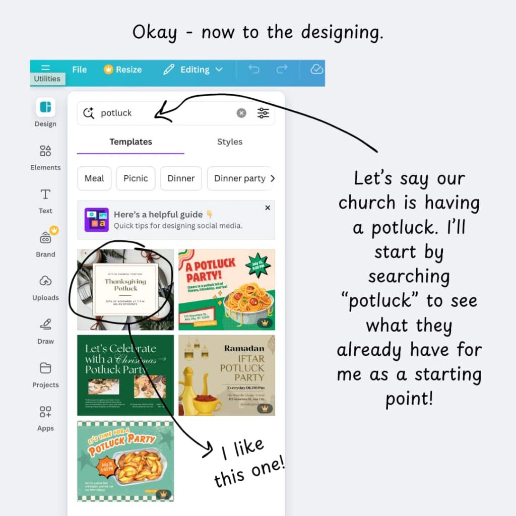 Showing how to find templates in Canva.