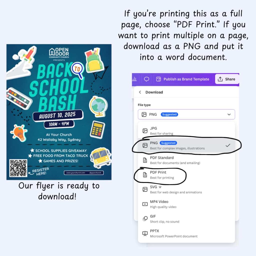 Bringing attention to the printing and downloading options under the "Share" tab on the top right section.