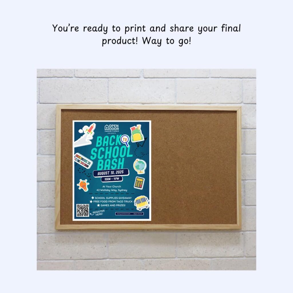 Photo of the previously made flyer pinned to a bulletin board.