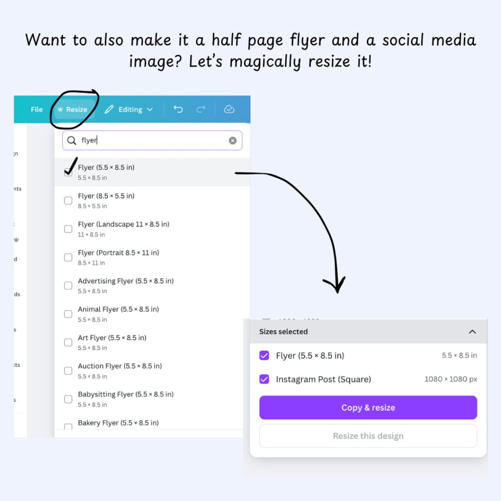 Circling the "resize" button on the top, magnifying the "copy and resize" button.