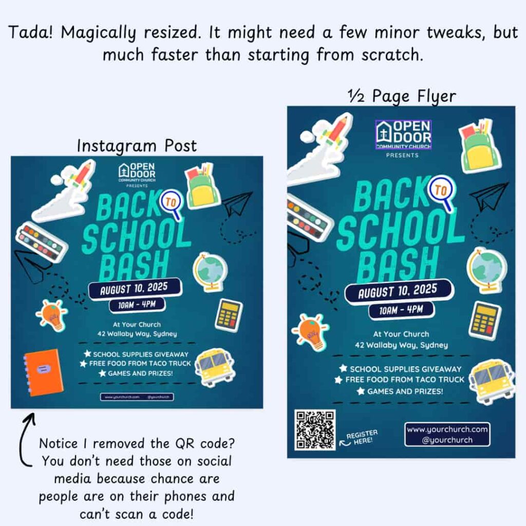 Showing the differnce between the Instagram post "flyer" and the 1/2 page flyer.