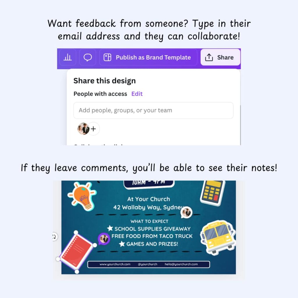 Showing how the sharing options in the top right, referencing the option to share your flyer via email addresses.