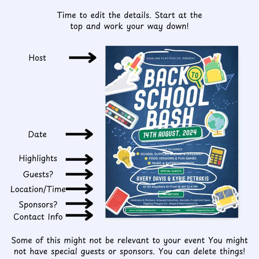 Making a note to edit the following details: host, date, highlights, guests, location/time, sponsors, and contact info.