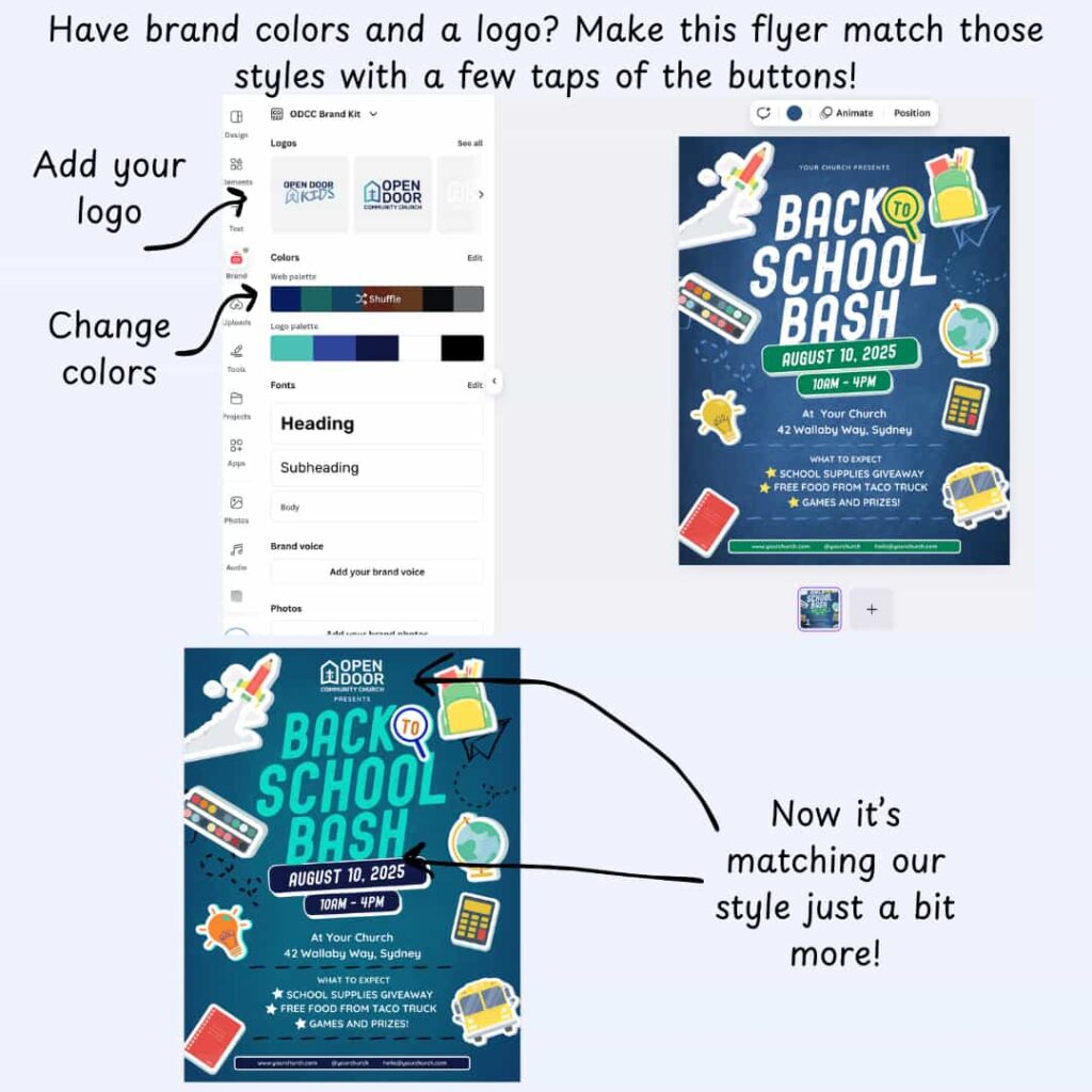 Pointing out where to add your church logo and change colors in the "Brand Kit" section on Canva.