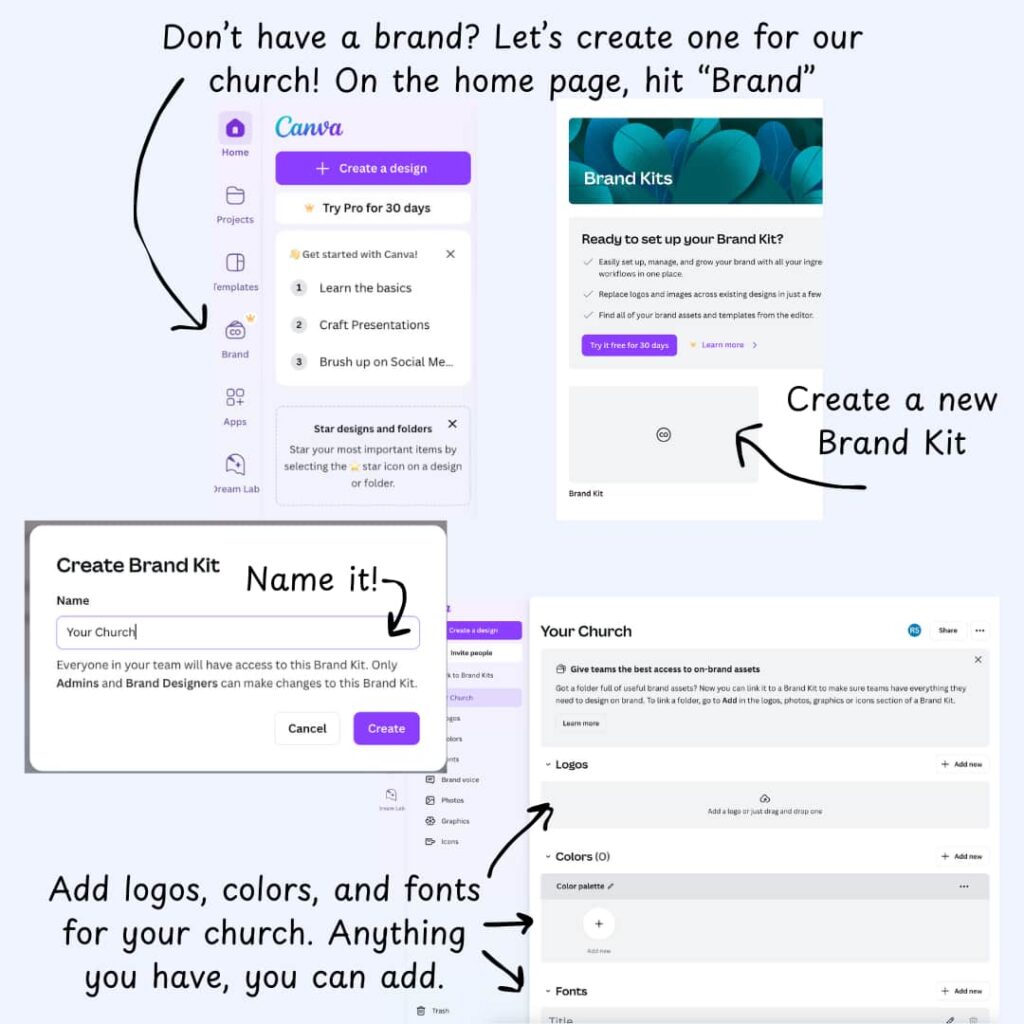 Ponting to the "Brand" section on the left menu bar. Showing how to create a new brand kit.
