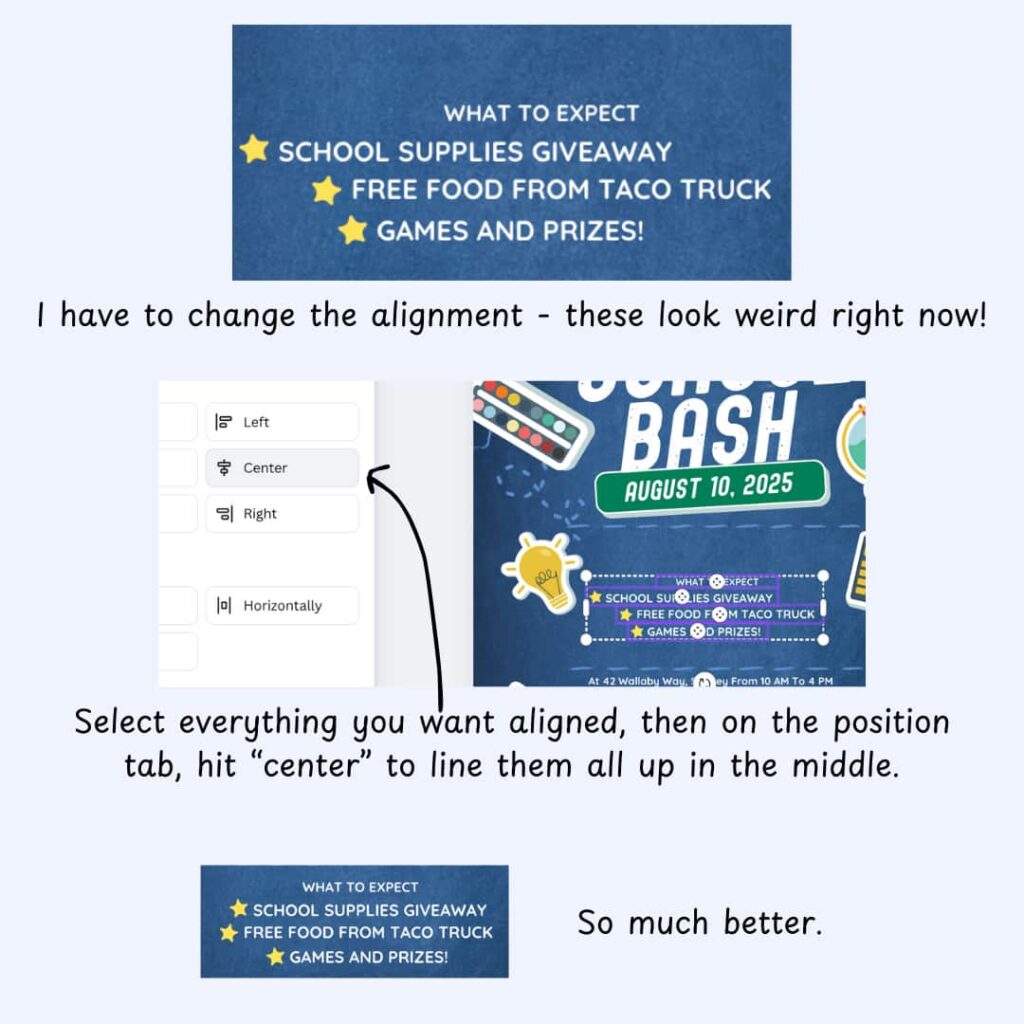 Pointing to the Canva's alignment options. Clicking on the center alignment.